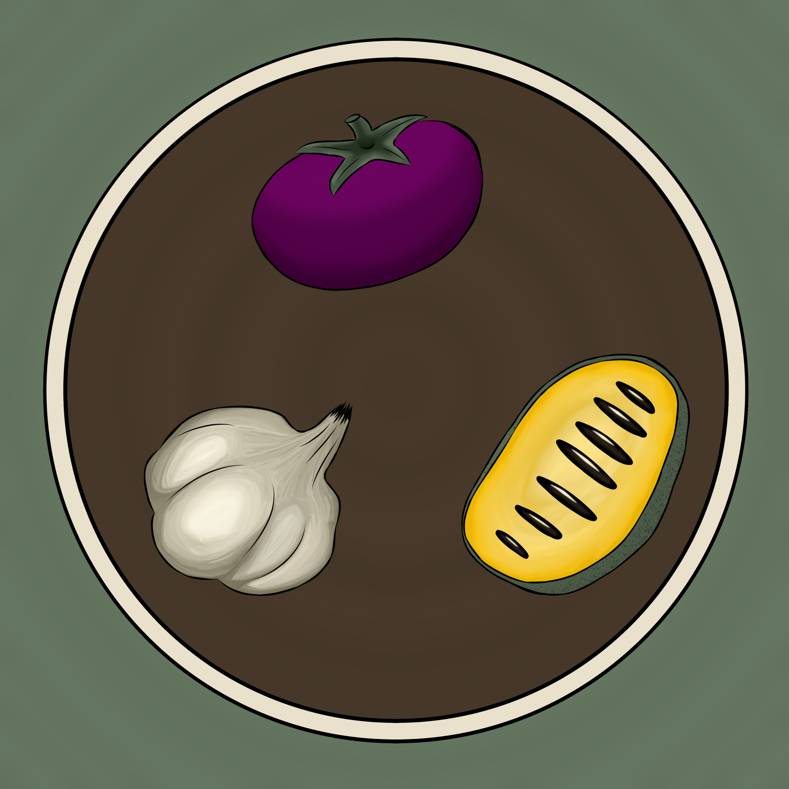Flag Street Produce logo - a Cherokee Purple Tomato, a head of garlic, and a pawpaw, emulating the tri-star design of the Tennessee state flag